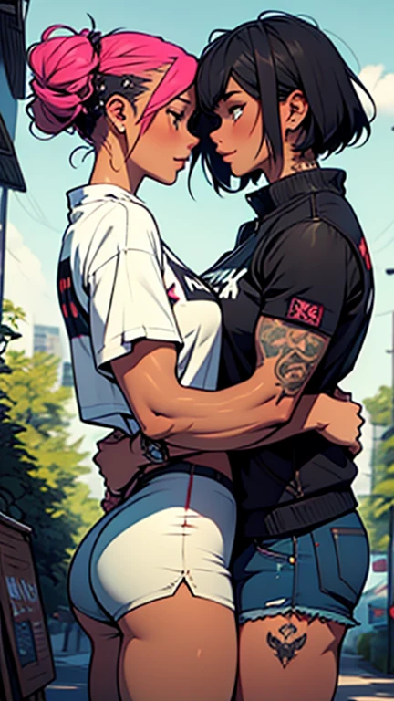Tipless Lesbian kissing in tight  grey jeans 