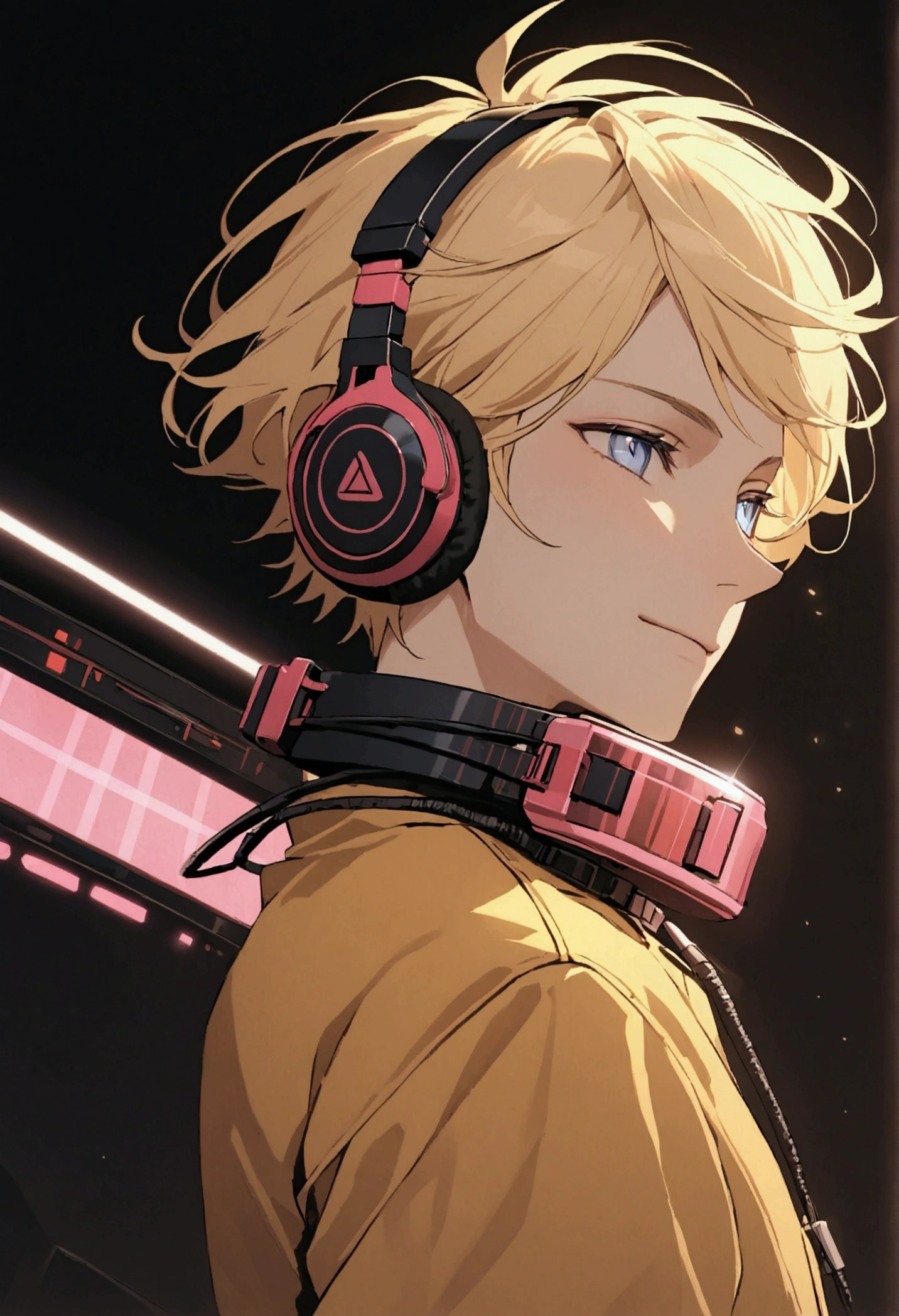 A young man with short blond hair, cian headphones around his neck, blue eyes, an open yellow jacket, white shirt, slight smile, huge floating pink holographic equalizer next to him