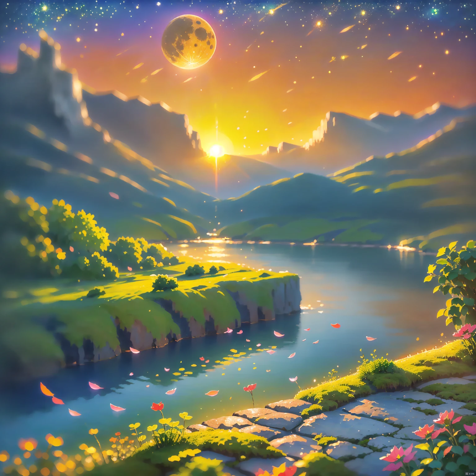 8K quality,(super masterpiece:1.3), best quality, detailed images,unmanned,oil(Small tree 々, with lots of petals dancing,cliff, Rock Field, fantastic waterfall,lake,lake畔,moss,水moss,full moon,Sunset,background(sunset,sunsetの空,cloud, starry sky , gradient )).