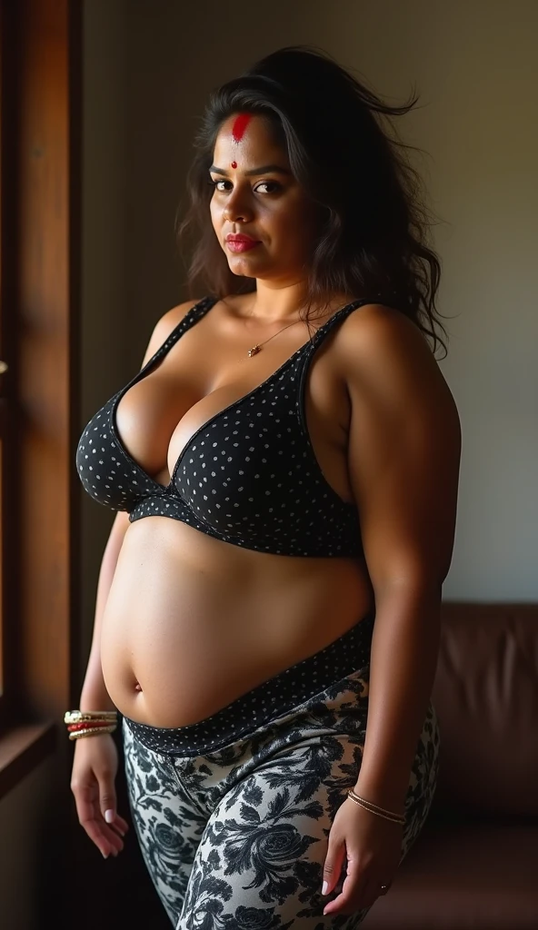 Mia Khalifa, ebony skin, black hair, pregnant belly, wearing black bra and black bottom bikini, chubby, black fishnet stockings, normal bust, locks eyes into the camera, symmetrical eyes, symmetrical face, photorealistic, photography, path tracing, specular lighting, volumetric face light, path traced hair, visible shadows, intricate, elaborate, curvy body, plump body, huge big ass, thick body, curvy body type, voluptuous body type, busty body type, thick body type, big chest, big, piercing nose, black e girl emo makeup, drooling, black eyelinner, wet body, black choker collar, navel piercing