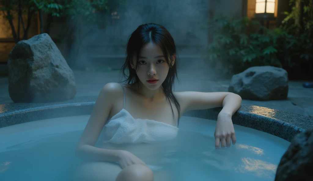 (night:1.7), oriental architecture, 1 woman, ((hot spring, onsen:1.4)), moist skin, ((fog:2.0)), (steam rising:1.8), glowing skin, glossy skin, ((partially submerged in hot spring:1.4)),Naked and have a small white towel loosely covering the body. , perfect eyes,perfect face,looking at viewer,（smile：0.3），official artwork，Very detailed CG Unity 8k wallpaper、bright_front_face_lighting，（tmasterpiece:1.0），(best_quality :1.0),ultra high resolution,4k,detailed detail,high resolution of,8k,nffsw,high resolution,absurderes:1.2,kodak portra 400,film grain,lens flare glow,（beautiful_face:1.5），8k,raw footage,(outdoor bath drawn wider:1.4) ,(wet hair:1.3),((beautifully depicts depth and width:1.3)),((The outdoor bath is surrounded by a Japanese garden and large rocks, with only two small lights.:1.3)), ((smooth white skin: 1.3)), (((full body ))