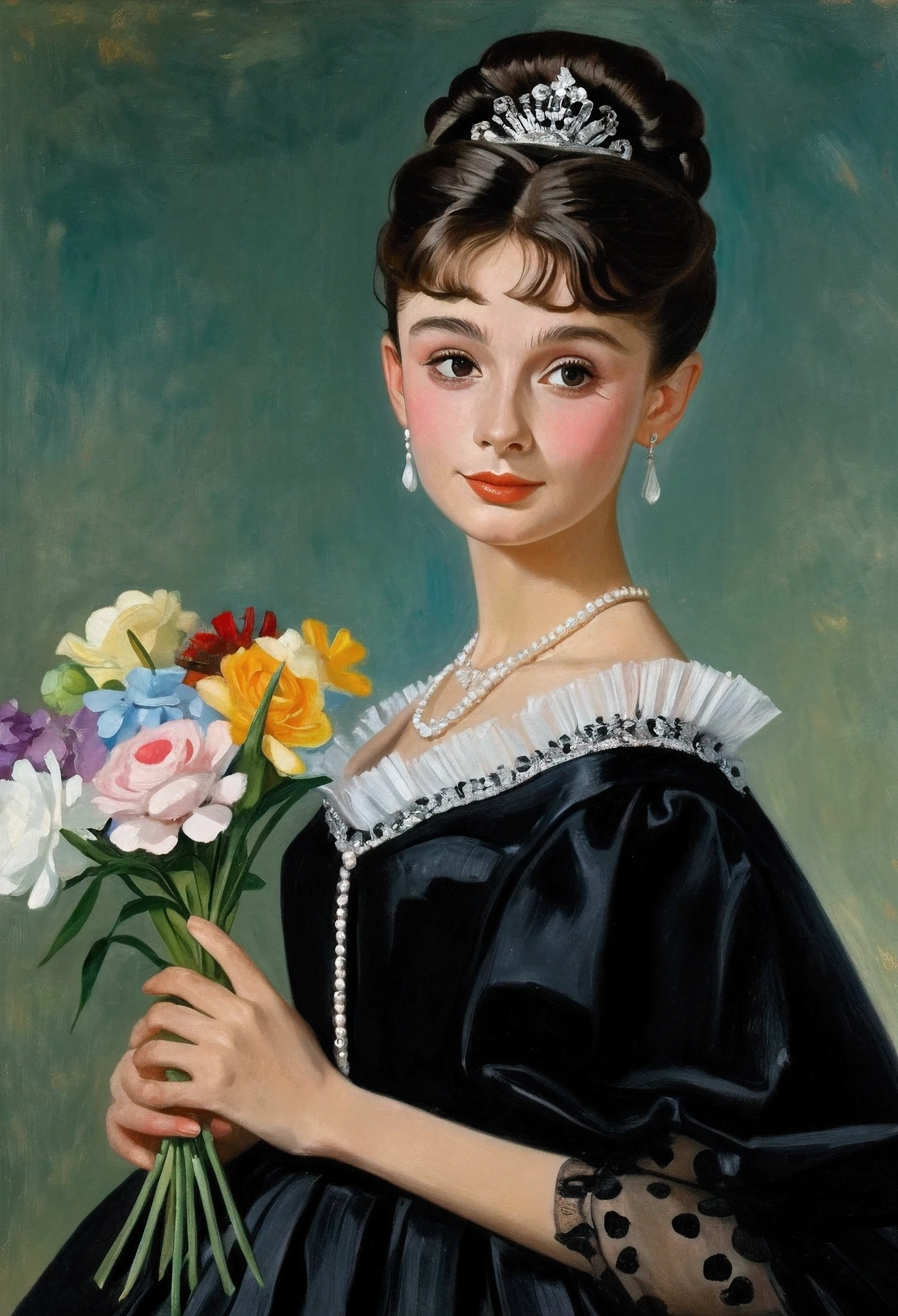 young Audrey Hepburn in a black dress with a bouquet of flowers, Portrait of an actress, inspired by Franz Xaver Winterhalter , Portrait of ta, Auguste Renoir , Degas, portrait of a young empress , young woman , , portrait of young woman