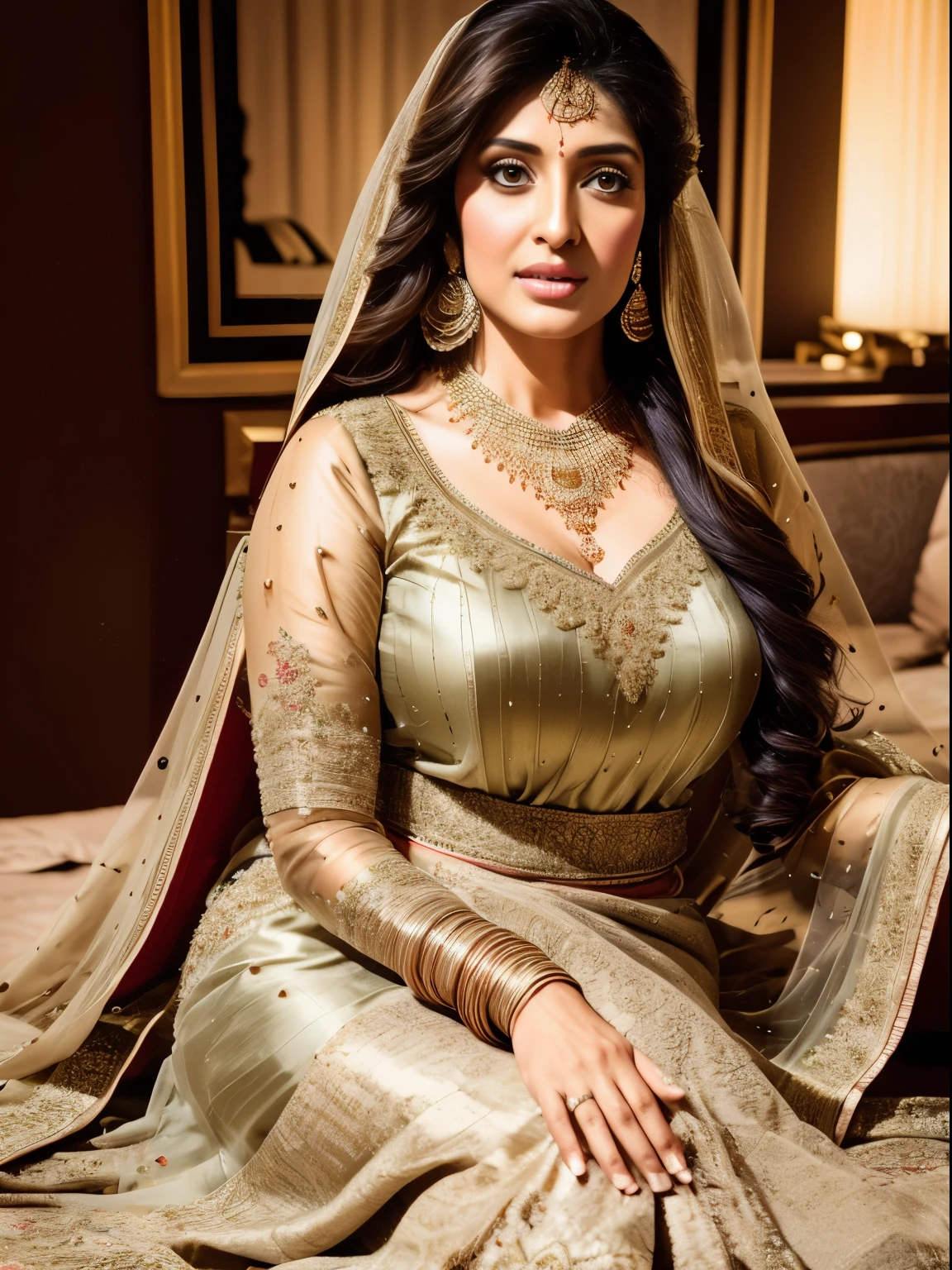 portrait of a 30 year most beautiful very busty women sitting on the bed, hd details of award show ,HD makeup ,hd details ,hd render, realistic, hyper realistic, photograph, wearing a pakistani traditional wedding SILK gold full dress dress with face veil, transparent blouse silk gold ,create perfect sitting details,(thin waist) cleavage (full body view)(very tight shirt and fully torn jeans)(huge breast)(large breast)(round breast)
