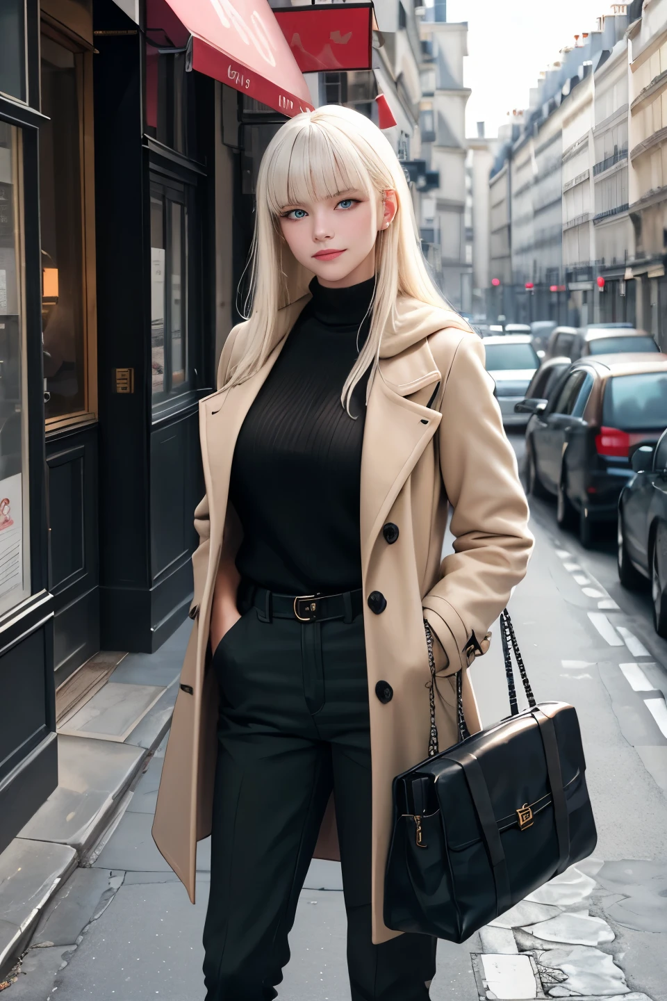 masterpiece, best quality, portrait, 1lady standing on a street corner, solo,  casual, long hair, minimal makeup,  blue duffel coat, 
cargo pants,  (smile:0.8), home, looking forward, looking towards camera, front view, full front view face, forward portrait, looking at camera portrait, big breasts, long light platinum blonde hair, bangs, green eyes, closed mouth, Paris,  