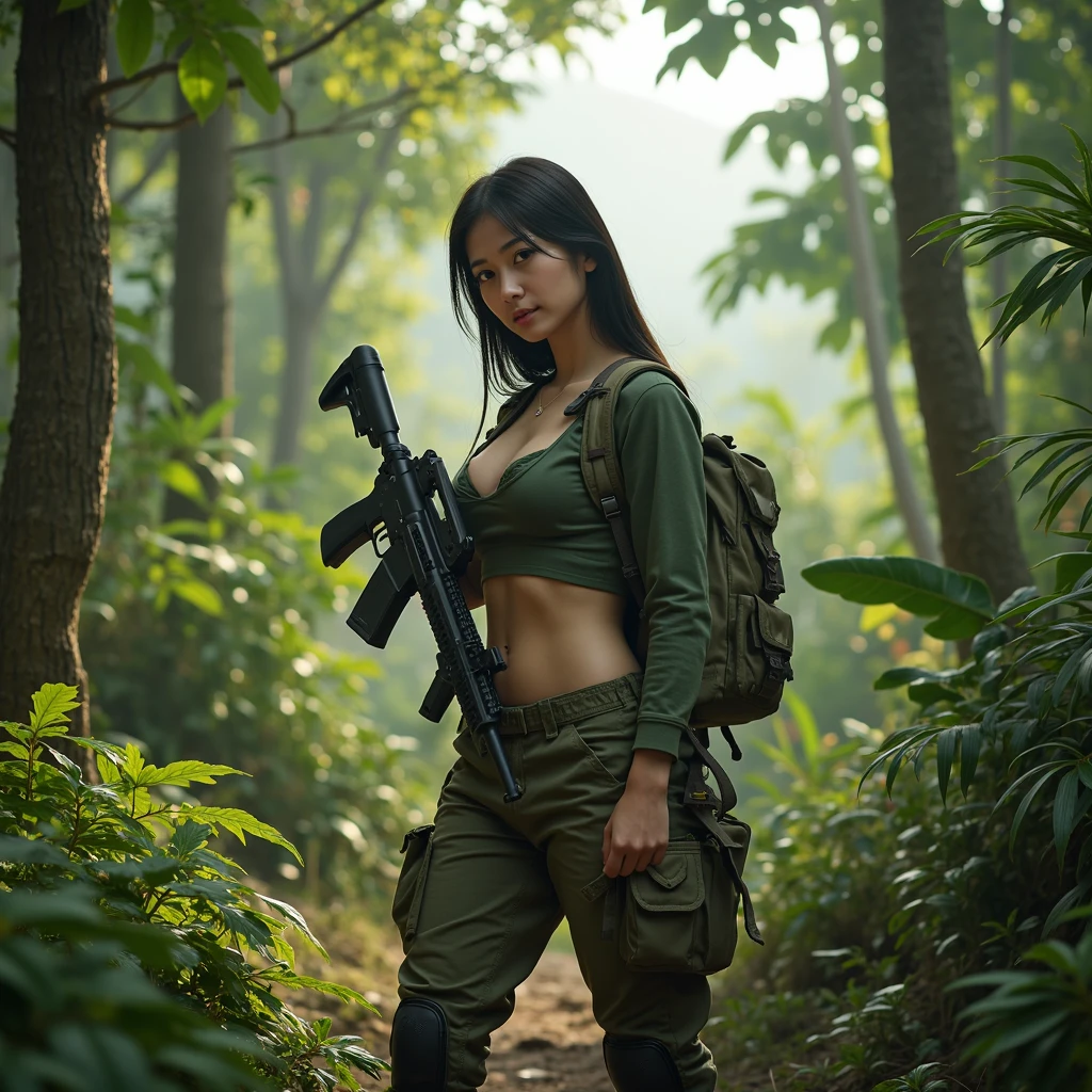 ８K,realistic photo、realistic skin texture、A beautiful Japanese woman belonging to the American military is in the jungle.、bulletproof vest、、with caution、Backpack、wearing a baseball cap、Proceed while mowing down Vine with a large machete、moving action pose、、Dramatic and bold composition、、Zoom out