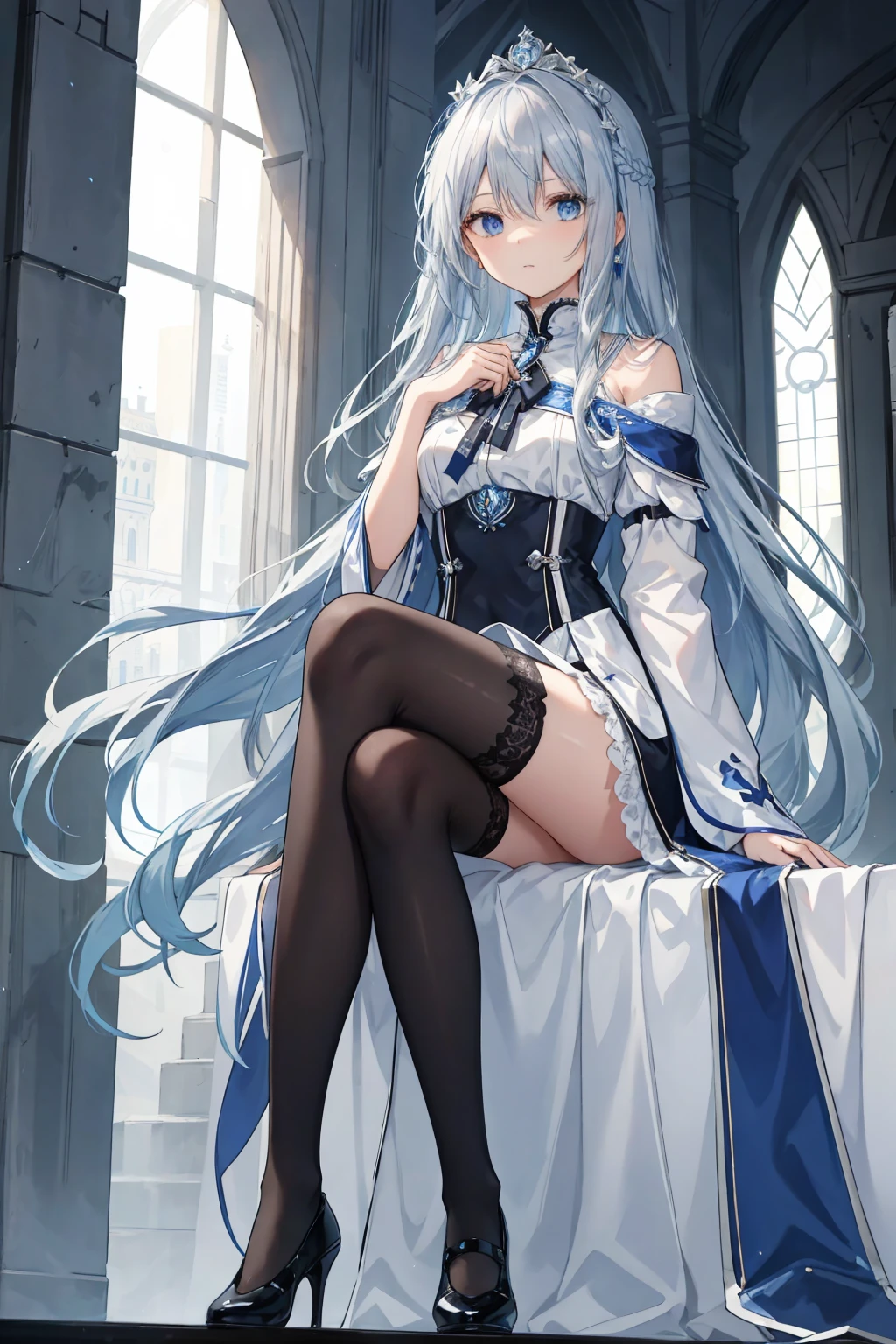 Half closed eyes:1.1), Bluish silver medium length hair、キュートShiny skin, Shiny skin, Wide Hips, Tight waist, Double good, Branish color, hair ornaments, Off-the-shoulder dress, pantyhose, Black body stocking, Captivating smile, Wicked Smile, , Ass Focus, From below, (feetを組んで) (((Sitting))), feet, Boots Sole, skirt