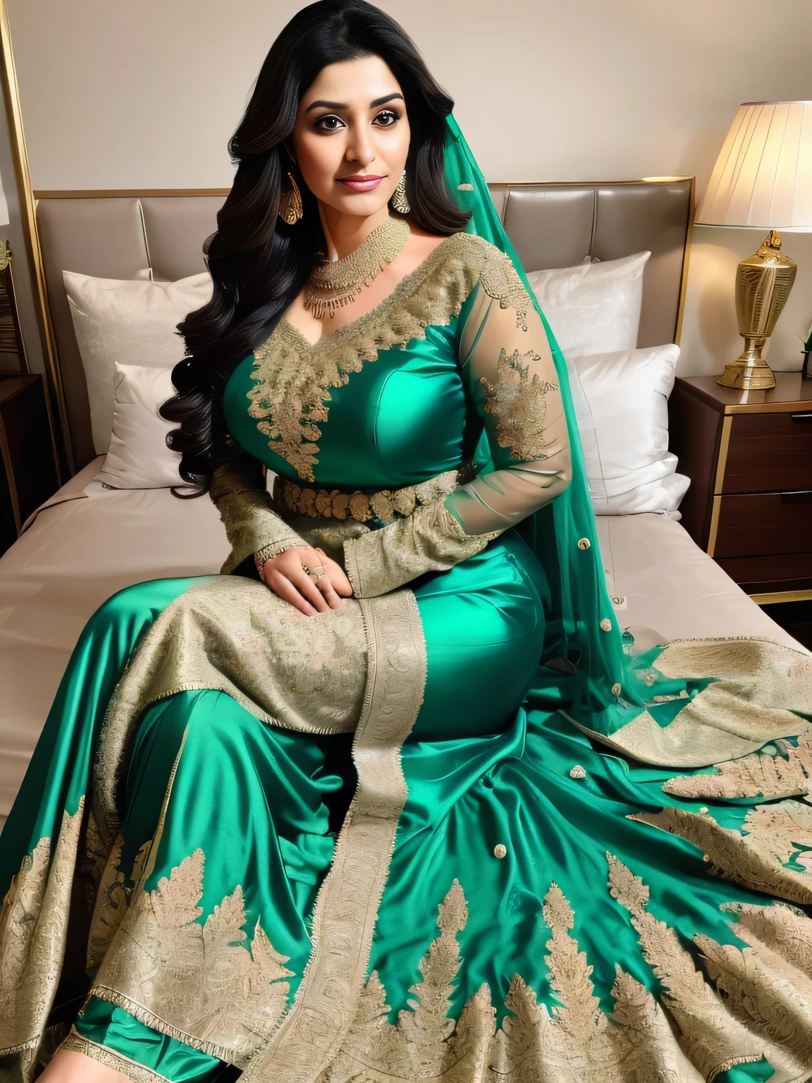 portrait of a 30 year most beautiful very busty women sitting on the bed, hd details of award show ,HD makeup ,hd details ,hd render, realistic, hyper realistic, photograph, wearing a pakistani traditional wedding SILK gold full dress dress with face veil, silky shiny transparent blouse silk gold ,create perfect sitting details,(thin waist) cleavage (full body view)(very tight shirt and fully torn jeans)(huge breast)(large breast)(round breast)