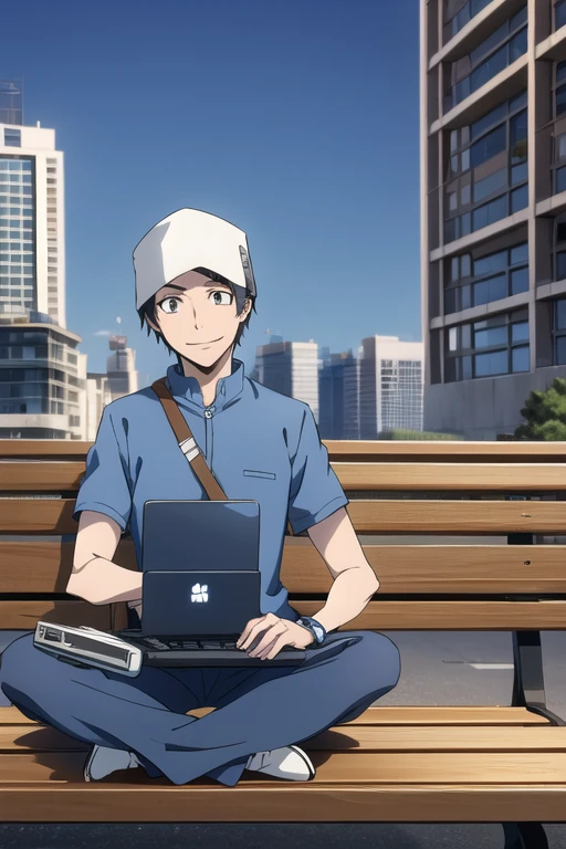 Atsurodesu, hat, pants, blue shirt, bag, wristwatch
masterpiece, best quality, absurdres, city, post apocalyptic city, sitting on bench, holding laptop, smile