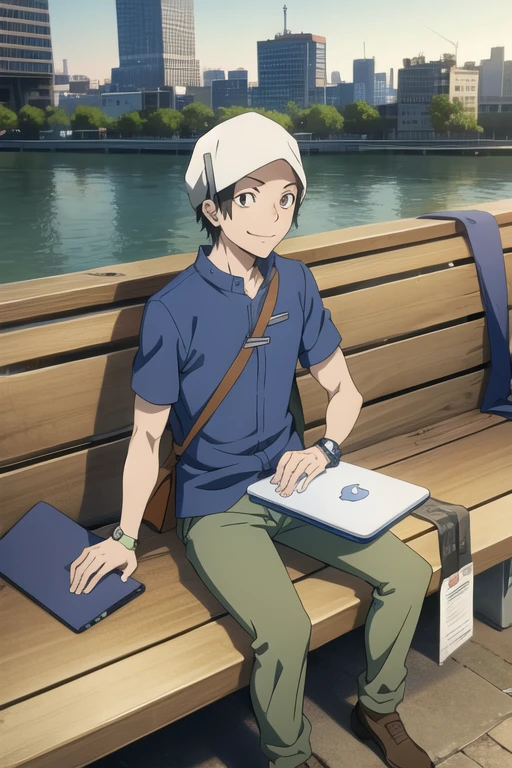 Atsurodesu, hat, pants, blue shirt, bag, wristwatch
masterpiece, best quality, absurdres, city, post apocalyptic city, sitting on bench, holding laptop, smile