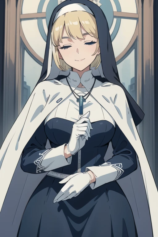 Double, short blonde hair, medium breasts, solo, smiling, cowboy shot, closed eyes, 
 blue habit, cross necklace ,white gloves, long sleeves, nun, long skirts, cape
(insanely detailed, beautiful detailed face,beautiful detailed eyes, masterpiece, best quality) church,
   