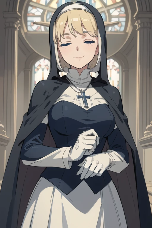 Double, short blonde hair, medium breasts, solo, smiling, cowboy shot, closed eyes, 
 blue habit, cross necklace ,white gloves, long sleeves, nun, long skirts, cape
(insanely detailed, beautiful detailed face,beautiful detailed eyes, masterpiece, best quality) church,
   