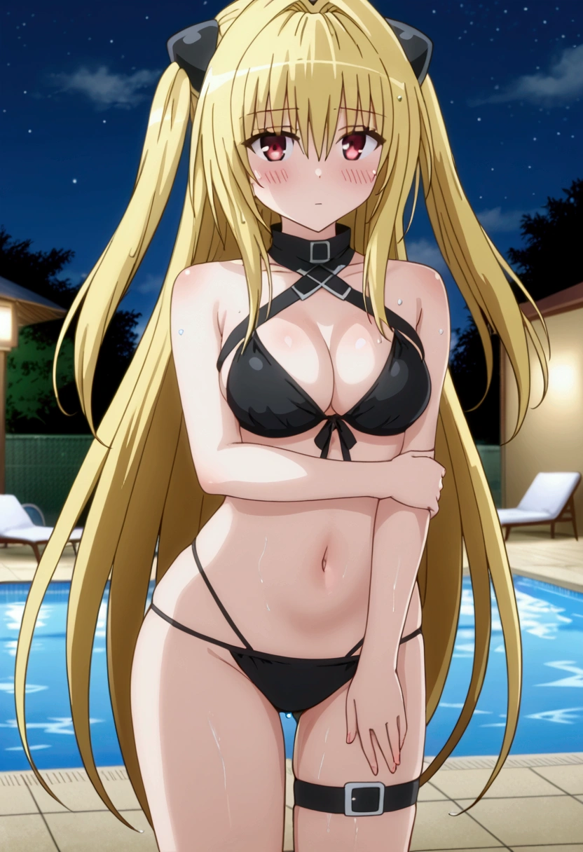 Konjiki no Yami, very long hair,blonde hair,two side up,hair ornament,hair intakes,hair between eyes,bangs,red eyes, thigh strap, Bikini Swimwear, sexy pose, blush, shy, Pose seductively, Posing provocatively, Wet body, pool, night, looking at viewer, Body tingling