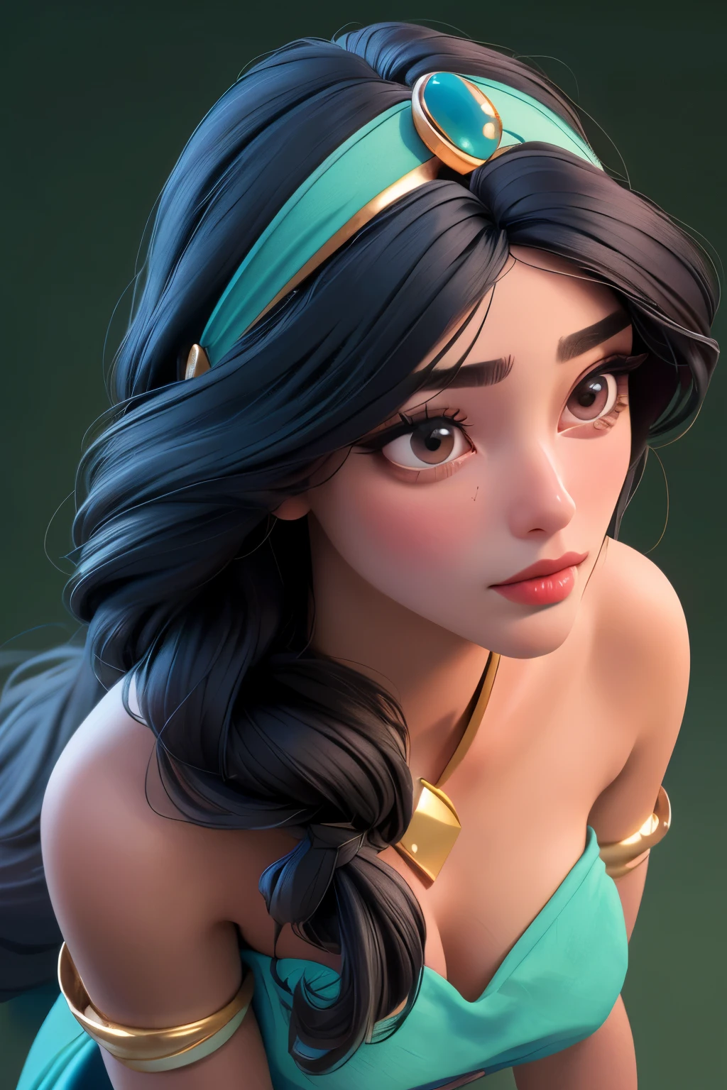 (masterpiece:1.3), (best quality:1.2), intricate details, (highly detailed skin:1.2), jasmine, (1girl:1.2), realistic, highres, beauty photo, tear drop , from above, cool mood, long hair , (black haircolor:1.3), Hourglass-Petite body shape, fill lighting, fcDetailPortrait, (tilted head:1.4), (sexy pose:1.3), persian background ,