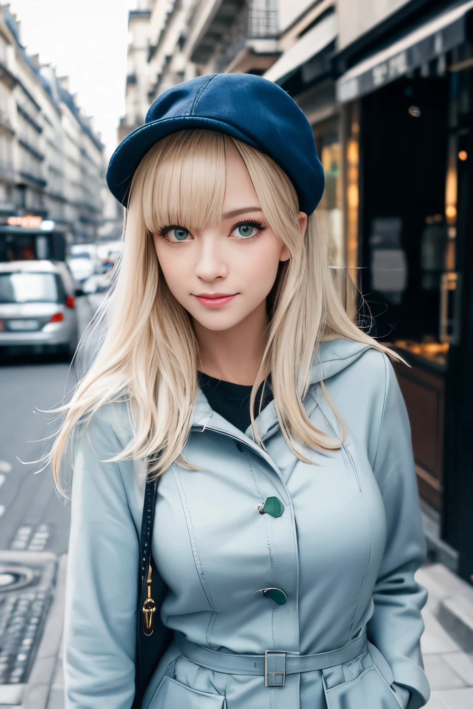 masterpiece, best quality, portrait, 1lady standing on a street corner, solo, upper body, casual, long hair, minimal makeup,  blue duffel coat, 
cargo pants,  (smile:0.8), home, looking forward, looking towards camera, front view, full front view face, forward portrait, looking at camera portrait, big breasts, long light platinum blonde hair, bangs, green eyes, closed mouth, Paris,  