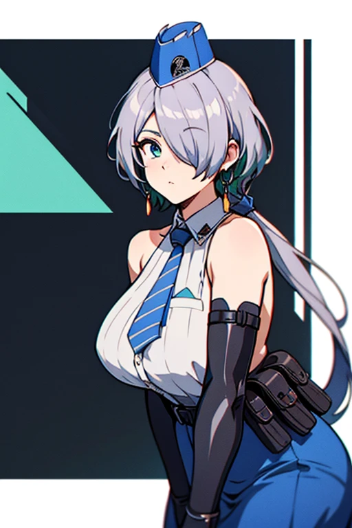 nikkebrid, large breasts, low ponytail, hair over one eye, earrings , garrison cap, sleeveless shirt, long skirt, blue necktie, belt pouch, elbow gloves, 