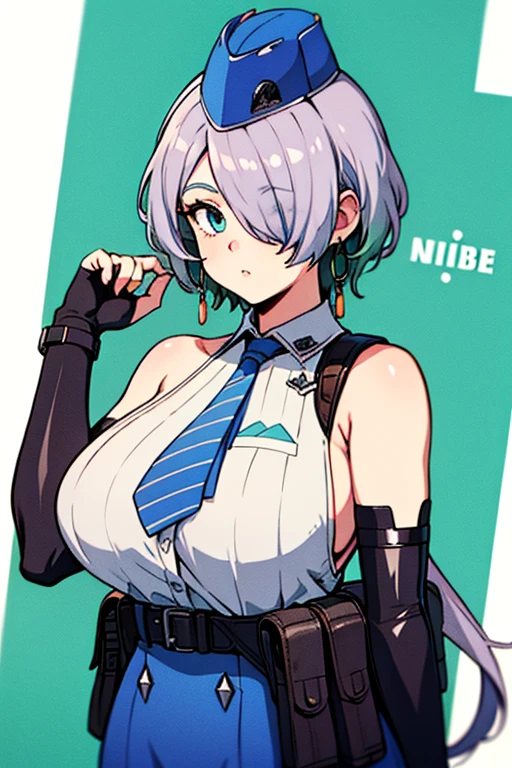 nikkebrid, large breasts, low ponytail, hair over one eye, earrings , garrison cap, sleeveless shirt, long skirt, blue necktie, belt pouch, elbow gloves, 