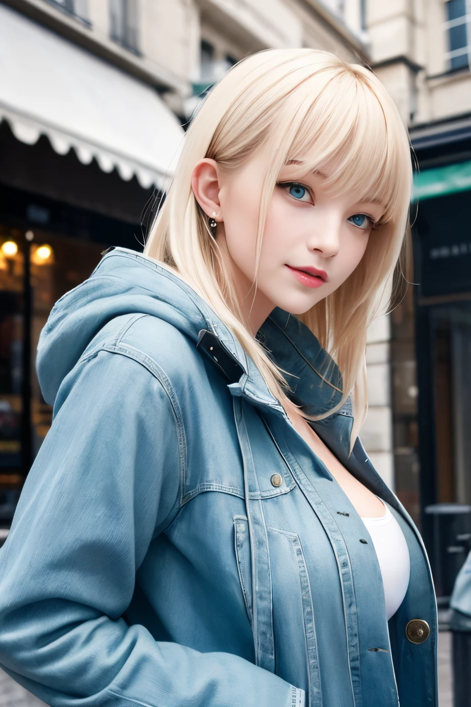 masterpiece, best quality, portrait, 1lady standing on a street corner, solo, upper body, casual, long hair, minimal makeup,  blue duffel coat, 
cargo pants,  (smile:0.8), home, looking forward, looking towards camera, front view, full front view face, forward portrait, looking at camera portrait, big breasts, long light platinum blonde hair, bangs, green eyes, closed mouth, Paris,  