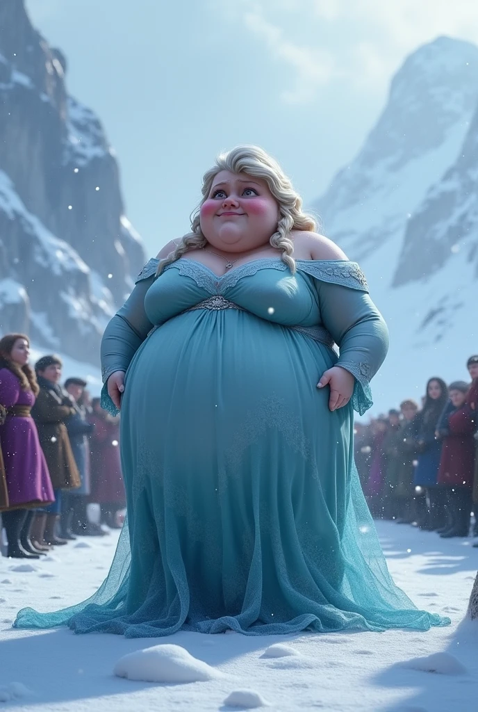 Masterpiece, best quality, elsa, (((tall))), (((detailed face))), bottomheavy, ((gigantic belly)), ((chubby belly)), (((massive thighs))), ((slim calves)), relaxed expression, satisfied expression, sexy pose, full body shot, ((cinematic lighting)), ((vibrant colours))