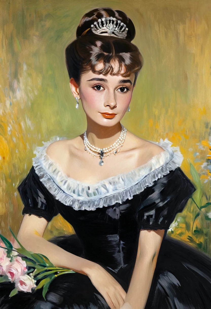 young Audrey Hepburn in a black dress with a bouquet of flowers, Portrait of an actress, inspired by Franz Xaver Winterhalter , Portrait of Lolita, Auguste Renoir , Degas, portrait of a young empress , young woman , , portrait of young woman