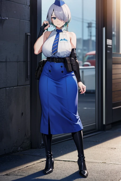 nikkebrid, large breasts, low ponytail, hair over one eye, earrings , garrison cap, sleeveless shirt, long skirt, blue necktie, belt pouch, elbow gloves, high heel boots, standing, Masterpiece, Best Quality, 