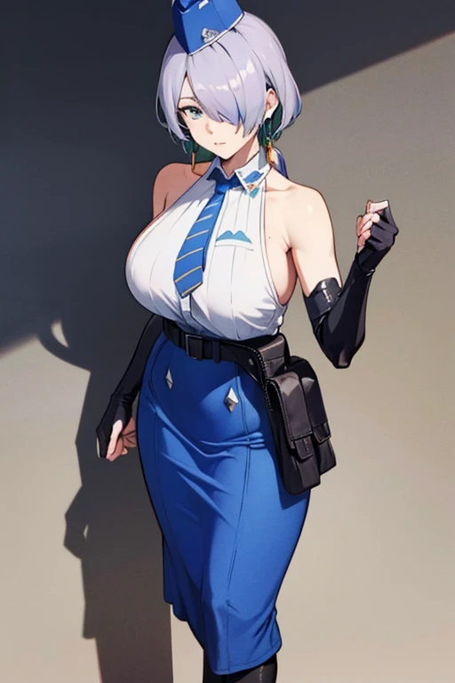 nikkebrid, large breasts, low ponytail, hair over one eye, earrings , garrison cap, sleeveless shirt, long skirt, blue necktie, belt pouch, elbow gloves, high heel boots, standing, Masterpiece, Best Quality, 