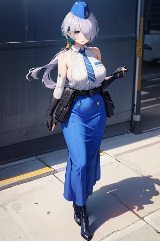 nikkebrid, large breasts, low ponytail, hair over one eye, earrings , garrison cap, sleeveless shirt, long skirt, blue necktie, belt pouch, elbow gloves, high heel boots, standing, Masterpiece, Best Quality, 