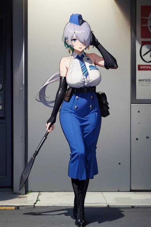 nikkebrid, large breasts, low ponytail, hair over one eye, earrings , garrison cap, sleeveless shirt, long skirt, blue necktie, belt pouch, elbow gloves, high heel boots, standing, Masterpiece, Best Quality, 