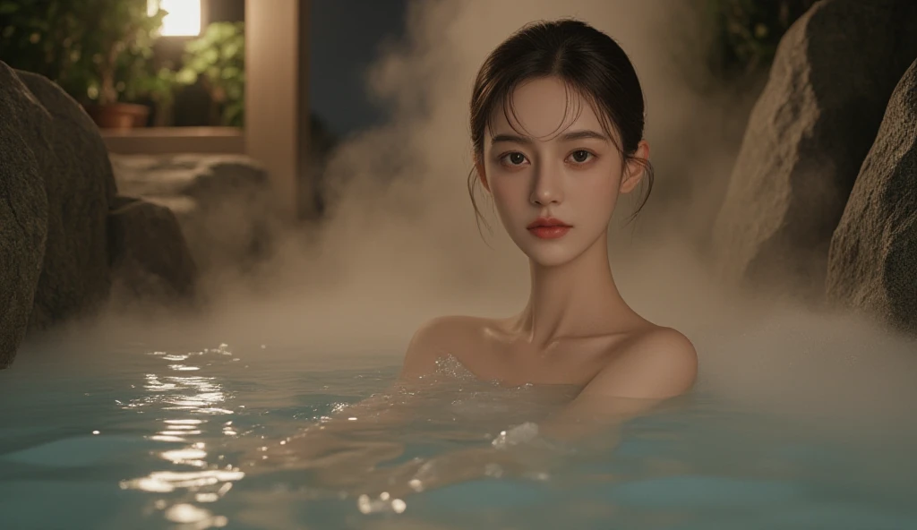 (night:1.7), oriental architecture, 1 woman, ((hot spring, onsen:1.4)), moist skin, ((fog:2.0)), (steam rising:1.8), glowing skin, glossy skin, ((partially submerged in hot spring:1.4)),Naked and have a small white towel loosely covering the body. , perfect eyes,perfect face,looking at viewer,（smile：0.3），official artwork，Very detailed CG Unity 8k wallpaper、bright_front_face_lighting，（tmasterpiece:1.0），(best_quality :1.0),ultra high resolution,4k,detailed detail,high resolution of,8k,nffsw,high resolution,absurderes:1.2,kodak portra 400,film grain,lens flare glow,（beautiful_face:1.5），8k,raw footage,(outdoor bath drawn wider:1.4) ,(wet hair:1.3),((beautifully depicts depth and width:1.3)),((The outdoor bath is surrounded by a Japanese garden and large rocks, with only two small lights.:1.3)), ((smooth white skin: 1.3)), (((full body ))