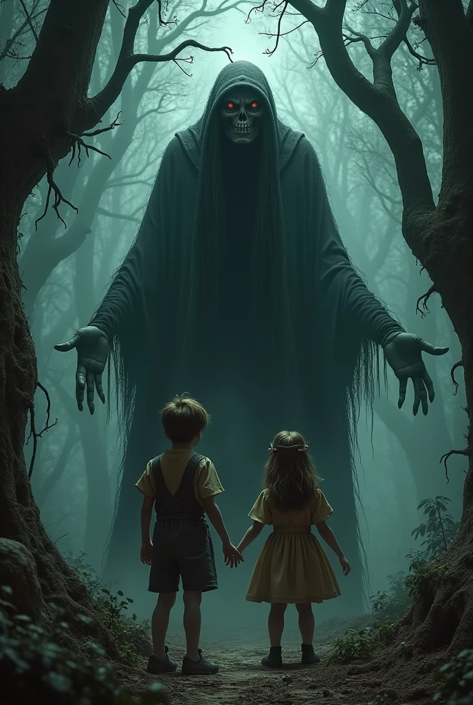 The creature was tall, thin and had pale skin, at first glance it looked like a human but its arms were longer, it was peeking (behind a tree) at girls playing in the forest, in the middle of an eerie night.