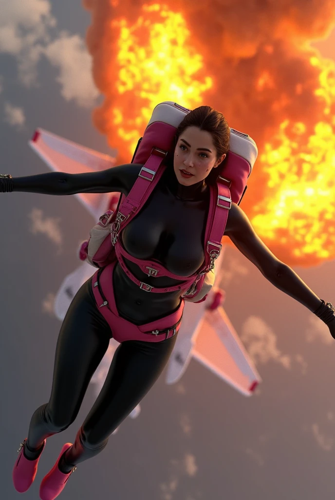 masterpiece, photorealistic, best quality, mid-range, hight texture, beautiful lighting, clouds, foggy, flame, gas, explosion, nuke, blood, injury, 1woman, (hi-tech military gear), (dragon braid hair), (violet hair), (slender body), (heavy injury), (body injury) (jump out of the plane), (mid-air), (parachute), warzone background,