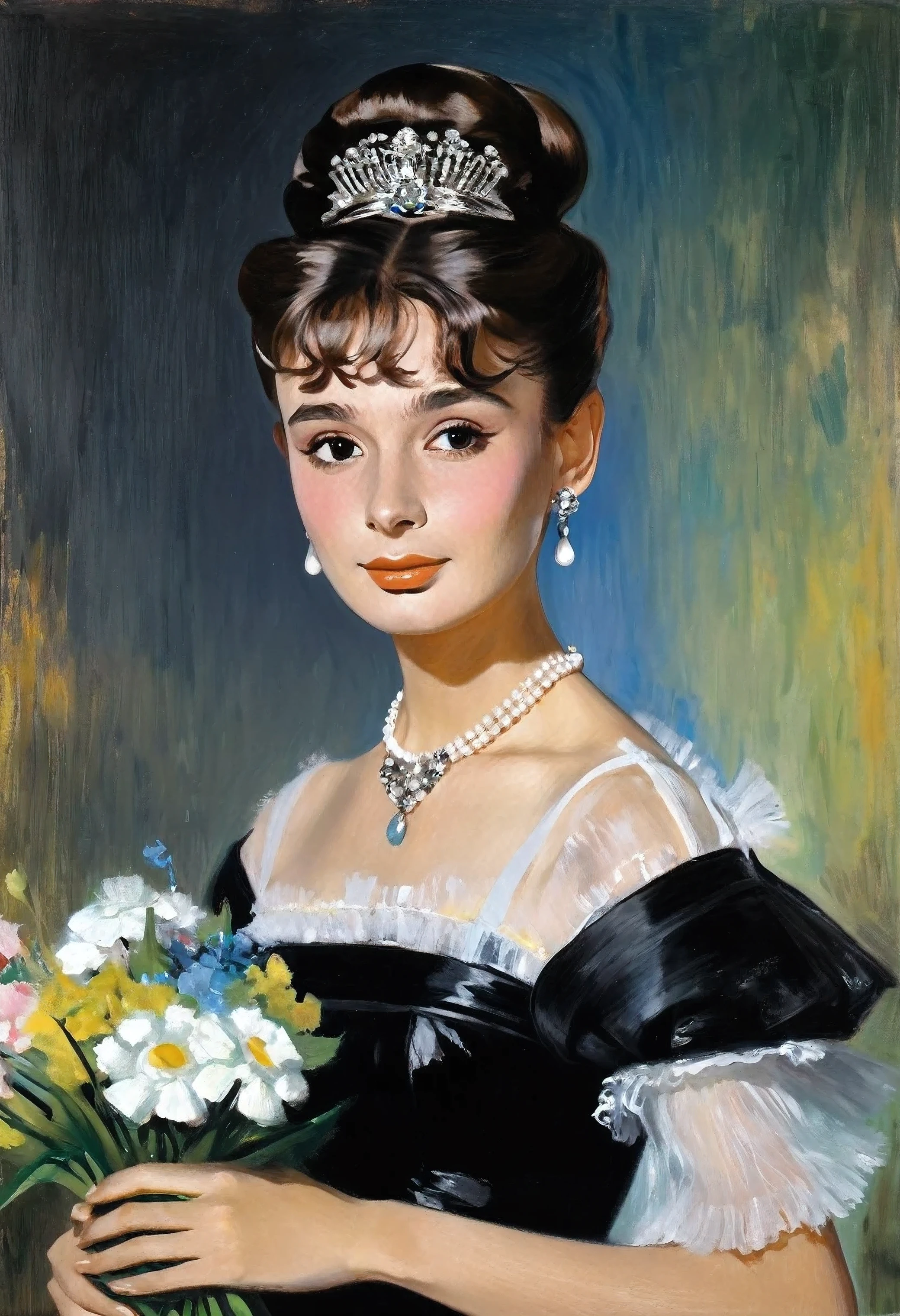 young Audrey Hepburn in a black dress with a bouquet of flowers, Portrait of an actress, inspired by Franz Xaver Winterhalter , Portrait of Lolita, Auguste Renoir , Degas, portrait of a young empress , young woman , , portrait of young woman