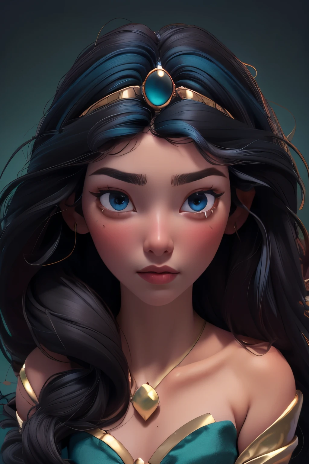 (masterpiece:1.3), (best quality:1.2), intricate details, (highly detailed skin:1.2), jasmine, (1girl:1.2), realistic, highres, beauty photo, tear drop , from above, cool mood, long hair , (black haircolor:1.3), Hourglass-Petite body shape, fill lighting, fcDetailPortrait, (tilted head:1.4), (sexy pose:1.3),  persian background , 