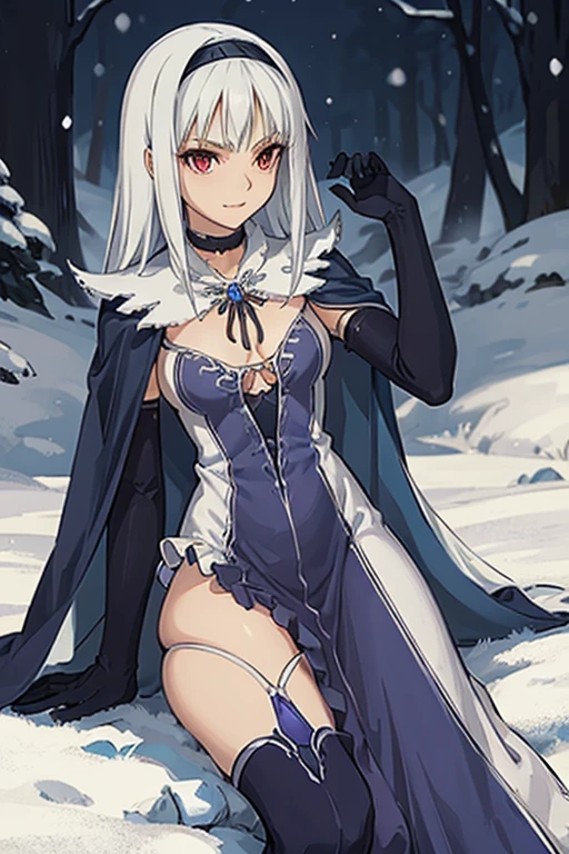 1girl, aira, blanc neige, smile, galdinius hairband, black elbow gloves, blue dress cleavage, frilled choker, white cape, black cape, black thighhighs frills, blue gemstone, park, snow, best quality, masterpiece, looking at viewers 