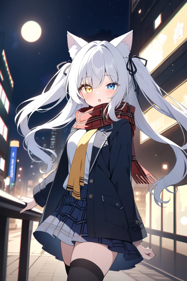 best quality , ultra detailed , highres icon ,anime style , from front , look at viewer ,One woman, ((long white hair)), (( Heterochromia,yellow right eye,blue left eye)), cat ears, medium breasts , long hair,twin tail, solo, scenic view,night view,night city,light,moon,bokeh,black ribbon,smile,white breath,rplaid scarf,coat,black thighhighs,walking,from side,cinematic lighting,lens flare,chromatic aberration,depth of field,newest,Navy blue skirt,:o,lonely,looking at the view in the background.