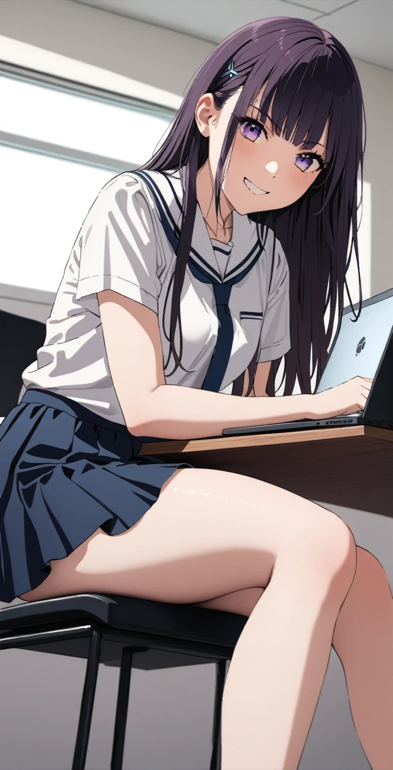 anime girl in high heels sitting on a chair with a laptop, a hyperrealistic student , hyperrealistic student ,  Cute schoolgirl , realistic student , teasing smile, seductive anime girl, student, sentado On a table, sitting On a table, beautiful anime high student, thighs!!!, thighs, On a table, thighs close up, sitting casually