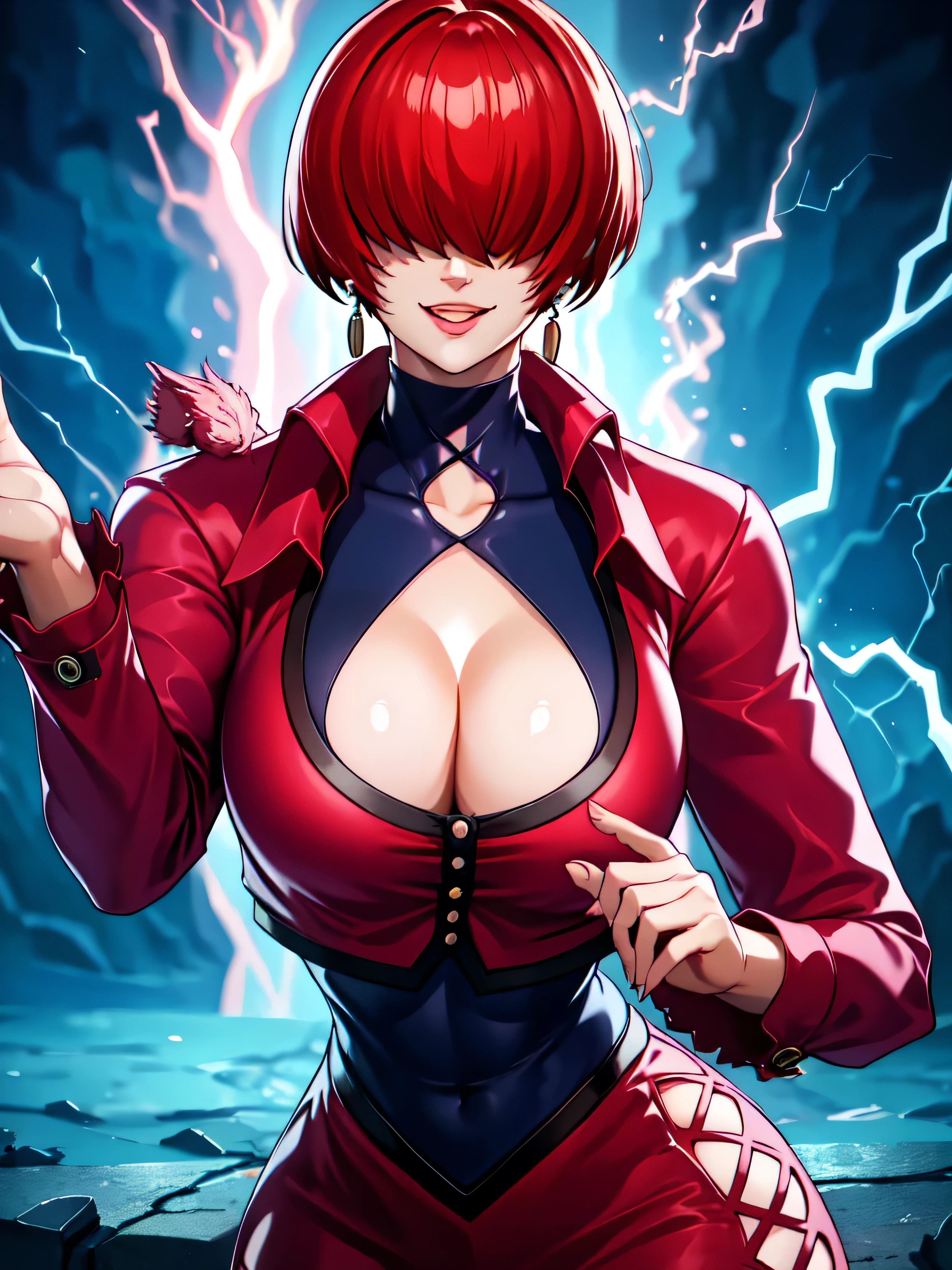 black and thunder background,
Red outfit,Red jacket,choker, cleavage cutout, clothing cutout, 
earrings,close mouth,
Red hair,bangs,((hair over eyes)),,five finger,
1 girl, 20yo,Young female,upper body,Beautiful fingers,Beautiful body,Beautiful Nose,perfectl hands,perfect fingers,,,Beautiful character design, evil smile,Ruined City
looking down at viewer,(Focus on her face),,evil smirk ,lightning circle,
official art,extremely detailed CG unity 8k wallpaper, perfect lighting,Colorful, Bright_Front_face_Lighting,shiny skin,
(masterpiece:1.0),(best_quality:1.0), ultra high res,4K,ultra-detailed,
photography, 8K, HDR, highres, absurdres:1.2, , film grain, , bokeh:1.2, lens flare, (vibrant_color:1.2),professional photograph,
(Beautiful,large_Breasts:1.4), (beautiful_face:1.5),(narrow_waist),conceit,raiging lightning