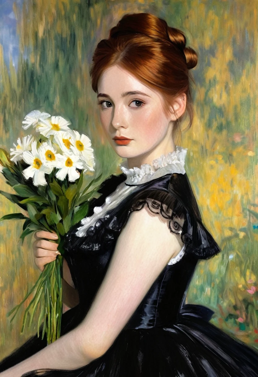 young Karen Gillan in a black dress with a bouquet of flowers, Portrait of an actress, inspired by Franz Xaver Winterhalter , Portrait of Lolita, Auguste Renoir , Degas, portrait of a young empress , young woman , , portrait of young woman