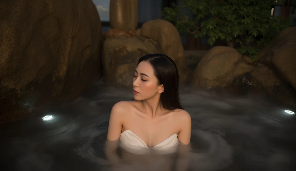 (night:1.7), oriental architecture, 1 woman, ((hot spring, onsen:1.4)), moist skin, ((fog:2.0)), (steam rising:1.8), glowing skin, glossy skin, ((partially submerged in hot spring:1.4)),Naked and have a small white towel loosely covering the body. , perfect eyes,perfect face,looking at viewer,（smile：0.3），official artwork，Very detailed CG Unity 8k wallpaper、bright_front_face_lighting，（tmasterpiece:1.0），(best_quality :1.0),ultra high resolution,4k,detailed detail,high resolution of,8k,nffsw,high resolution,absurderes:1.2,kodak portra 400,film grain,lens flare glow,（beautiful_face:1.5），8k,raw footage,(outdoor bath drawn wider:1.4) ,(wet hair:1.3),((beautifully depicts depth and width:1.3)),((The outdoor bath is surrounded by a Japanese garden and large rocks, with only two small lights.:1.3)), ((smooth white skin: 1.3)), (((full body ))