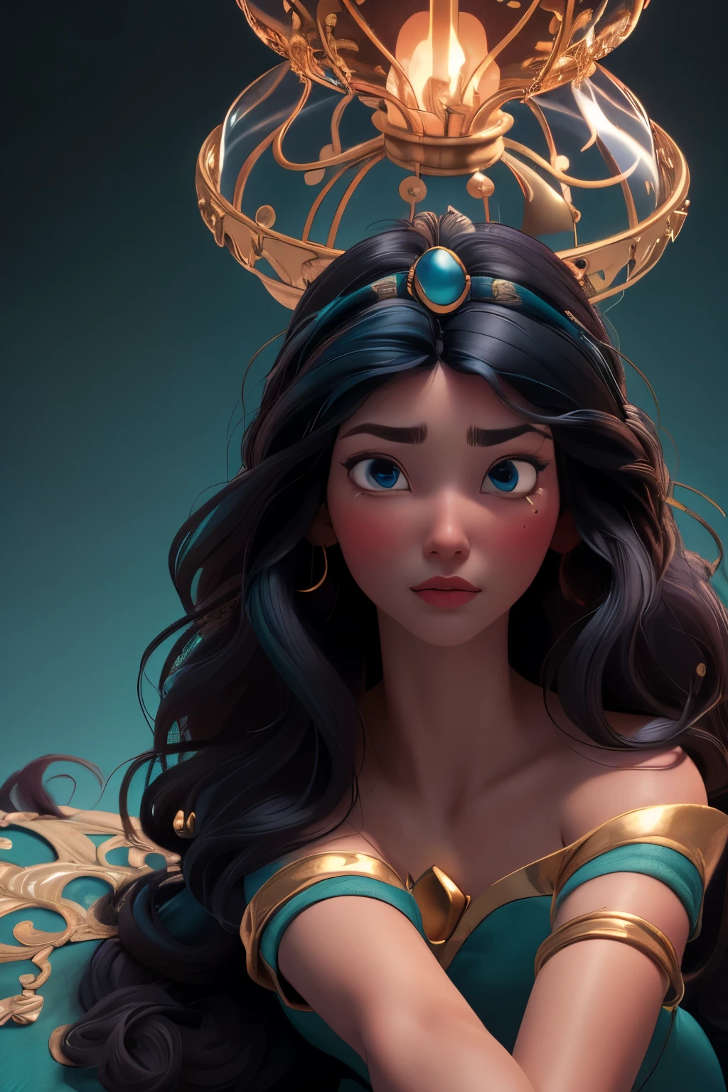 (masterpiece:1.3), (best quality:1.2), intricate details, (highly detailed skin:1.2), jasmine, (1girl:1.2), realistic, highres, beauty photo, tear drop , from above, cool mood, long hair , (black haircolor:1.3), Hourglass-Petite body shape, fill lighting, fcDetailPortrait, (tilted head:1.4), (sexy pose:1.3), persian background ,