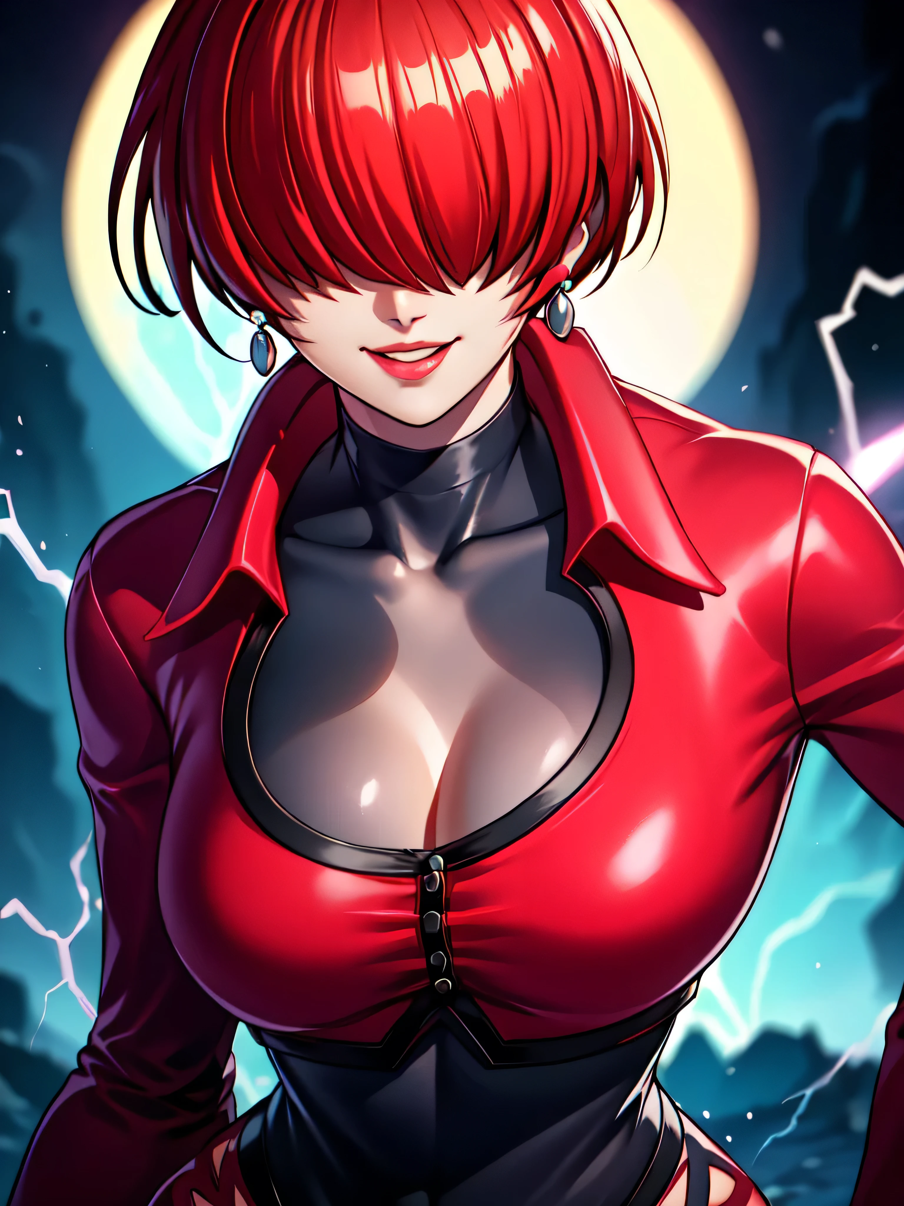 black and thunder background,
Red outfit,Red jacket,choker, cleavage cutout, clothing cutout, 
earrings,close mouth,
Red hair,bangs,((hair over eyes)),,five finger,
1 girl, 20yo,Young female,upper body,Beautiful fingers,Beautiful body,Beautiful Nose,perfectl hands,perfect fingers,,,Beautiful character design, evil smile,Ruined City
looking down at viewer,(Focus on her face),,evil smirk ,lightning circle,
official art,extremely detailed CG unity 8k wallpaper, perfect lighting,Colorful, Bright_Front_face_Lighting,shiny skin,
(masterpiece:1.0),(best_quality:1.0), ultra high res,4K,ultra-detailed,
photography, 8K, HDR, highres, absurdres:1.2, , film grain, , bokeh:1.2, lens flare, (vibrant_color:1.2),professional photograph,
(Beautiful,large_Breasts:1.4), (beautiful_face:1.5),(narrow_waist),conceit,black lightning