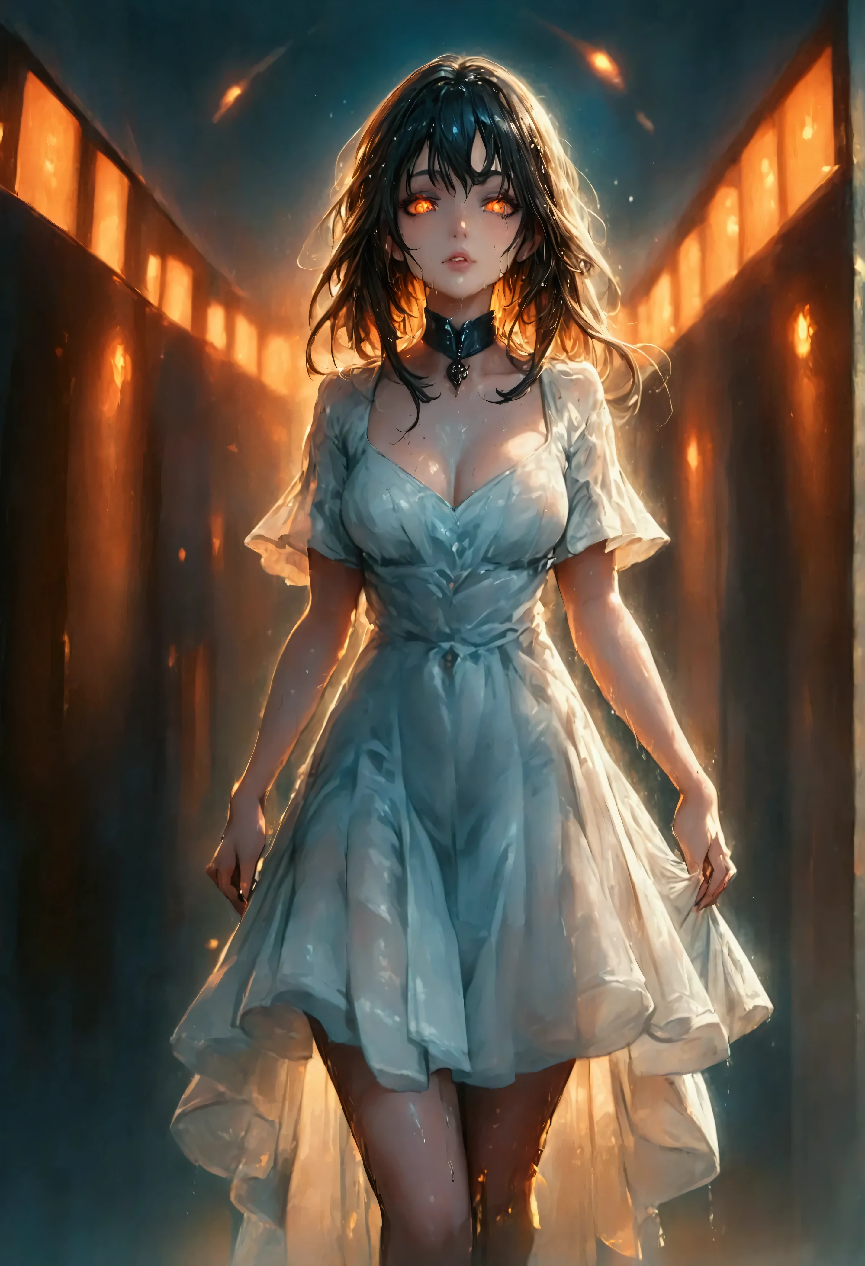 score_9, score_8_up, score_7_up, score_6_up, score_5_up, score_4_up, a comic art picture a beautiful mature female vampire walking in the street at night, wearing white dress, intricate dress, high heel boots, dynamic hair color, glowing eyes, wet face, wet hair, it is night time, storm clouds, heavy rain, lightning in the sky, best quality, highres,16k, (ultra detailed:1.3), masterpiece, best quality, (extremely detailed), ultra wide shot, photorealistic, RAW, fantasy art, dnd art, fantasy art, realistic art,((best quality)), ((masterpiece)), (detailed: 1.5), vampire teeth, Intense gaze