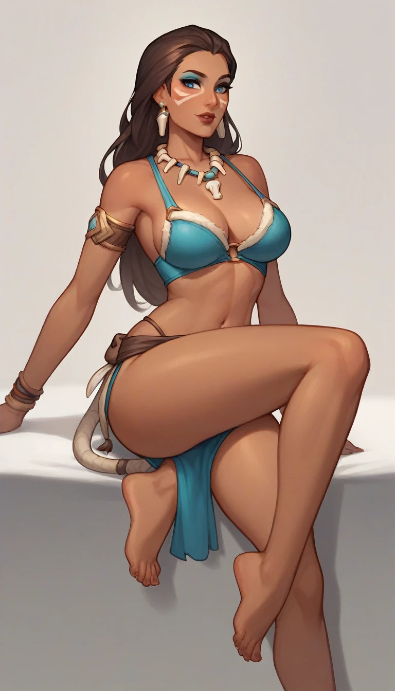 a close up of a woman with white paint on her body, commission for high res, giantess art, [ 4 k digital art ]!!, full art illustration, symmetra from overwatch, low detailed. digital painting, oc commission, extremely detailed woman, brittney lee, samira from league of legends, 1girl, breasts, jewelry, swimsuit, solo, brown hair, bikini, long hair, makeup, large breasts, earrings, blue eyes, necklace, barefoot, lipstick, cleavage, navel, sitting, eyeshadow,Pauline, Earrings, makeup, long brown hair, blue eyes, tanned, tattoo white,leopard loincloth, dark skin, dark tanned,Tribal, Tribal Body Paint, Tribal Face Paint, Tribal Tattoos, beaded necklace, bone necklace, bone earrings, bone bracelets, bangles, Fur Lined Tribal Crop Top, Fur Lined Tribal Skirt, Tribal Loin Cloth, More tattoos