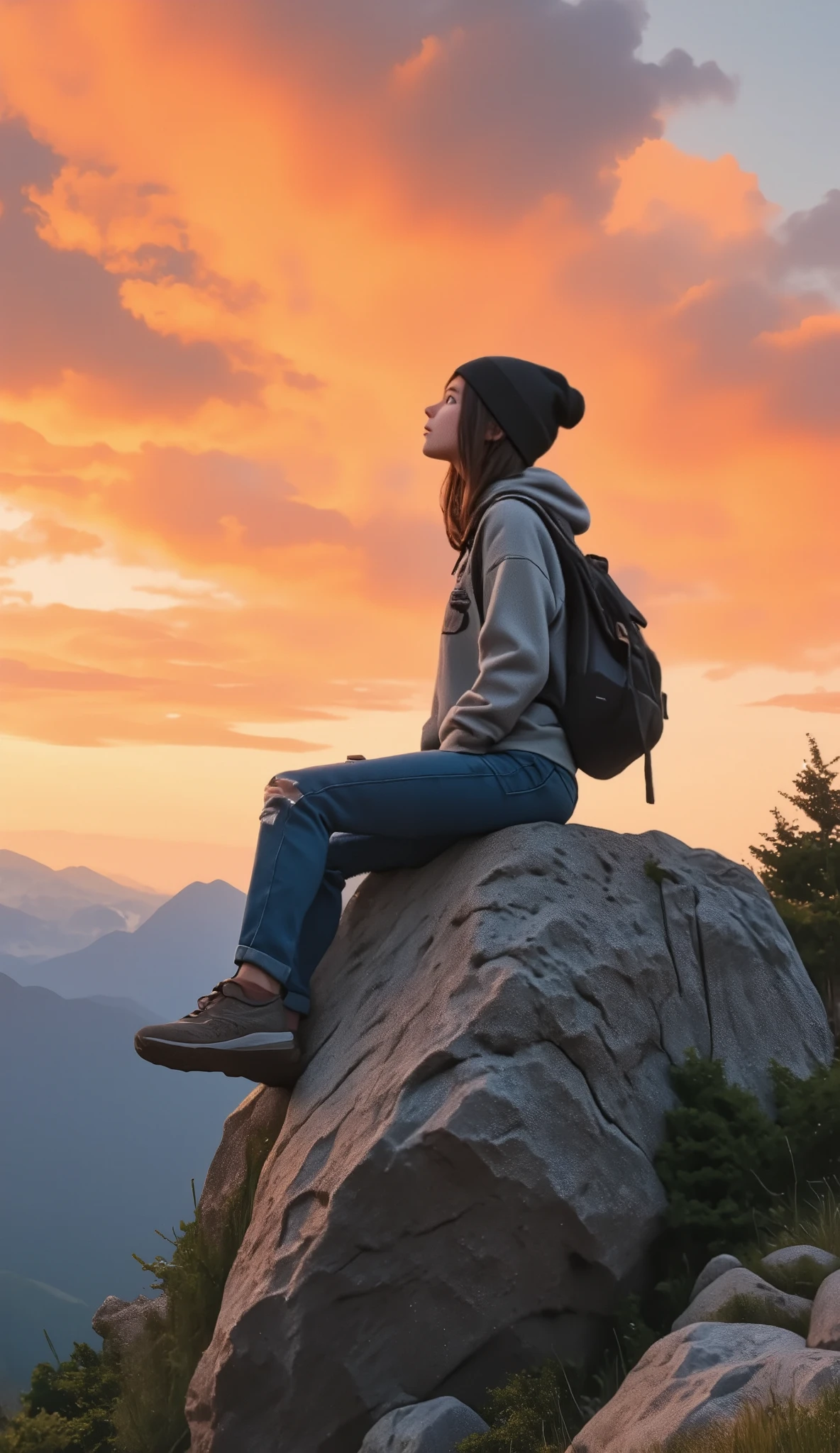   best quality 、Masseter muscle part、 super detailed、8ｋ、Alone、(((巨大な岩の上に座ってLook at the skyいる女の子、 look up _Away:1.2、Look at the sky)))、 from behind、 Beanie Hat 、grey print hoodie、Straight old denim、 damaged jeans、 trekking shoes、Backpacker、 evening 、sunset、 blurry background:1.5、Outdoor、Andes々々々々々々、Orange Sky、Scaly clouds