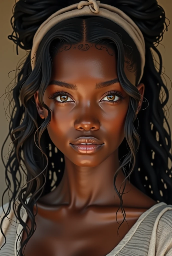 Jeune femme , aux large hanches, une peau foncé au tein olivatre, aux yeux emeraude en amande, au nez aquilin, aux levres pleines et aux cheveux longs noirs frisés et tressés 