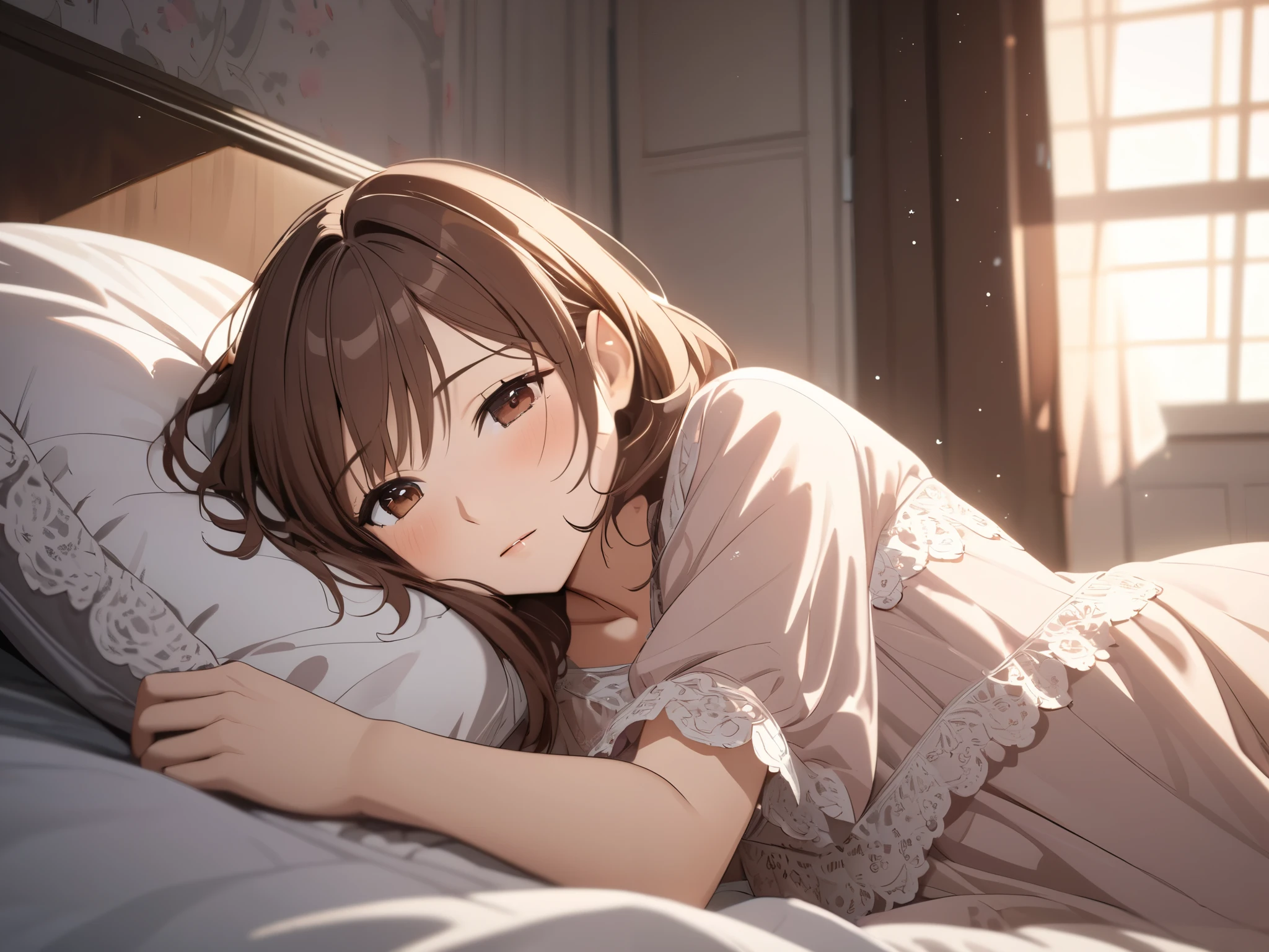 Anime girl laying on a bed with a pillow in her hand - SeaArt AI