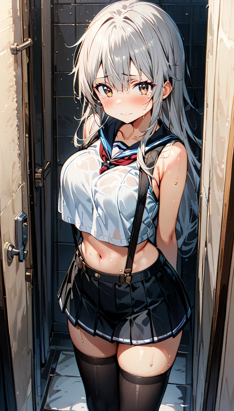 (curvy, large breasts, (tented costume)), (sleeveless white crop top, crop top navel, black pleated miniskirt, (suspenders)), ((1boy, kiriko\(SAO!\), SAO!)), beautiful detailed eyes, yellow eyes,(cute eyes), black thigh highs, arms behind back, (Carving Waistline), Shower room, (cowboy shot, from front), Best Quality, Super detailed, masterpiece, Ultra-high resolution, 8k, Embarrassing, blush, Nice, (With tears in my eyes), closed mouth, sweat