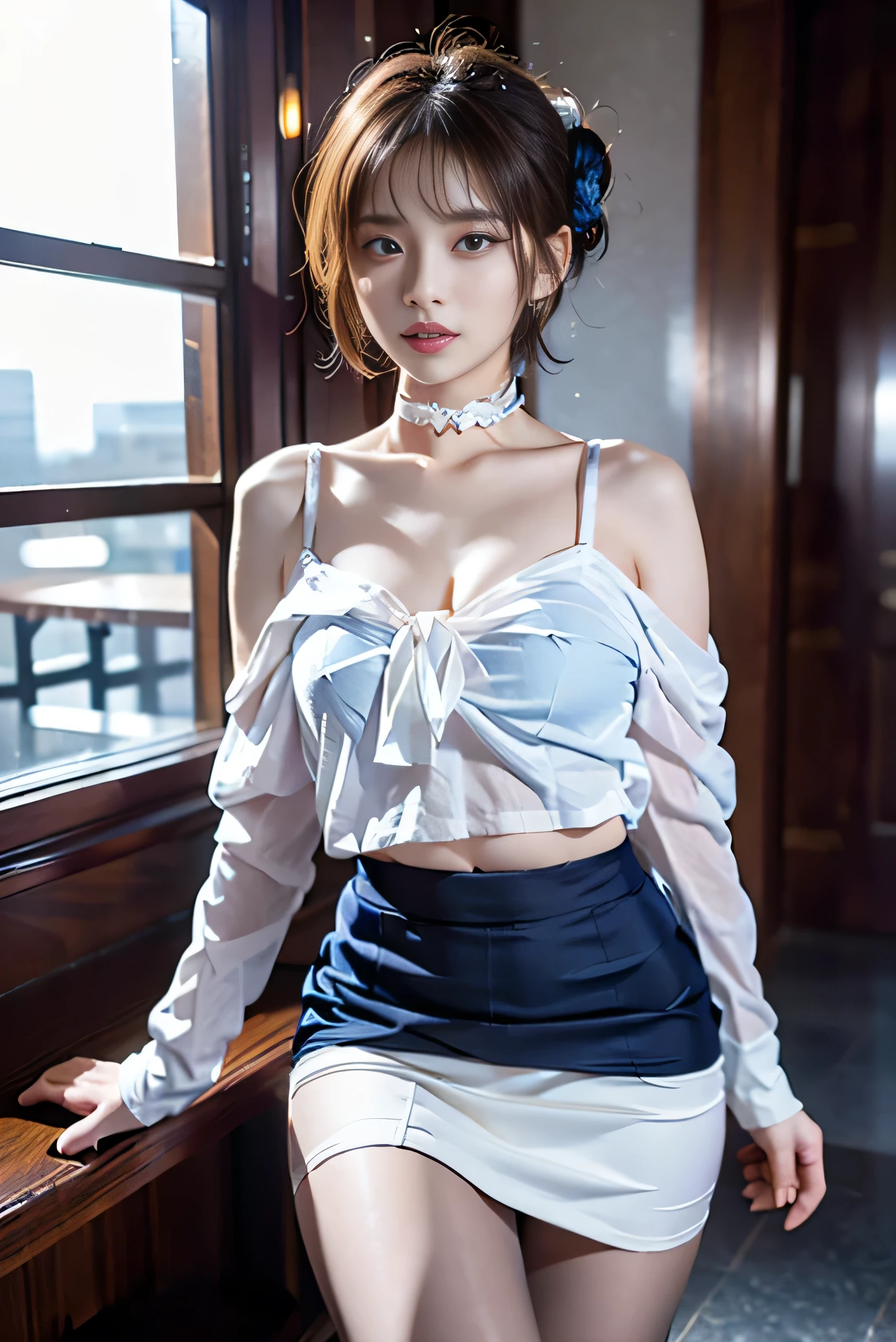 Beautiful and charming woman in fashion trend, gentle and lovely Japanese beautiful woman, delicate sexy collarbone, charming goose egg face, double eyelids, smart peach blossom eyes, pink lips, small upturned nose, bare shoulders, focused face, face close-up, ultra-high definition, super detail, full body photo, ultra-thin translucency, white off-the-shoulder shirt and light blue split skirt perfectly echo, fresh and good, see-through