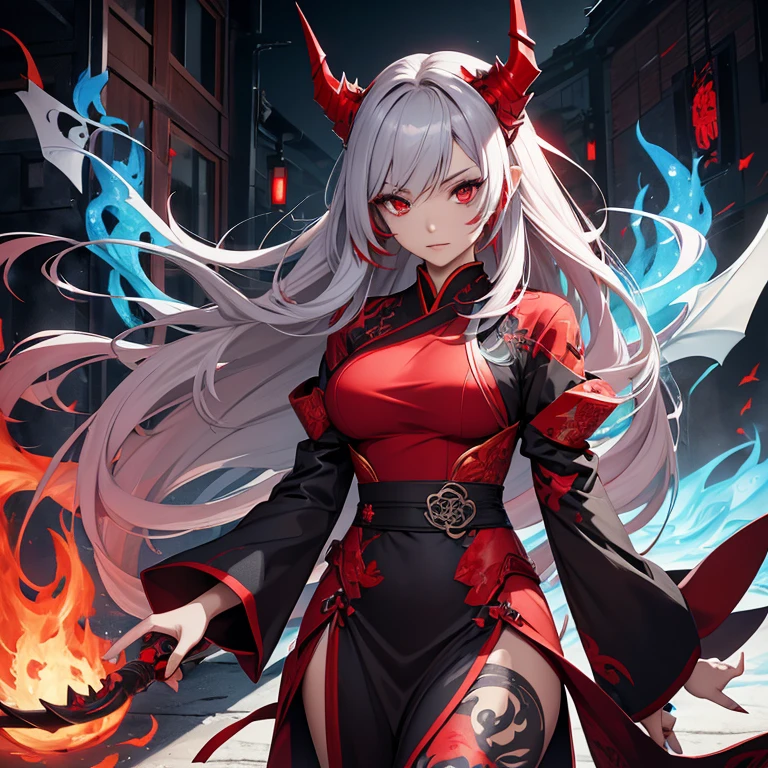 Fanart style makes a woman with red and gray hair with red eyes with red dragon horns a Japanese dress with a tattoo and a blue fire on her hand