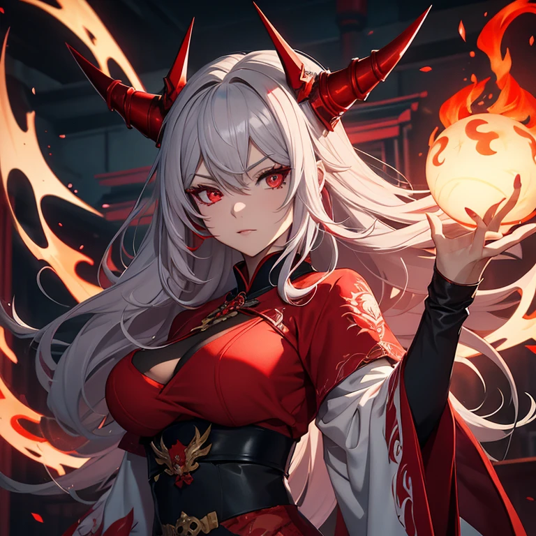 Fanart style makes a woman with red and gray hair with red eyes with red dragon horns a Japanese dress with a tattoo and a blue fire on her hand