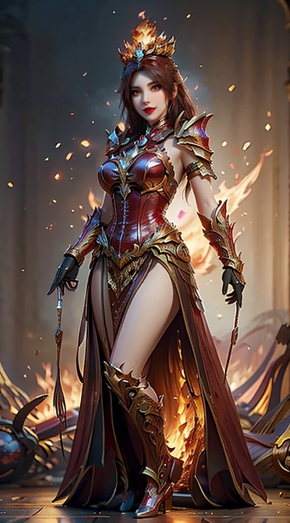 a medium-angle shot arafed woman in a fantasy red corset dress and long flowing two split skirt ornate with Flame ruby and fantasy golden armor, crimson red hair and red flame eyes queen adorned with a flame crown with Ruby on her head and heavy golden armor with Ruby, 
standing in front of a fantasy flame magic halo Circle, golden armor, ruby flames Dress in ethereal armor, goddess of fire, ((a beautiful fantasy fire empress)), goddess. extremely high detail, anime goddess, fantasy woman, fantasy gorgeous lighting, extremely detailed goddess shot, dressed in light armor, detailed fantasy art, golden goddess athena, gorgeous goddess of leo, fantasy style 8k octane render